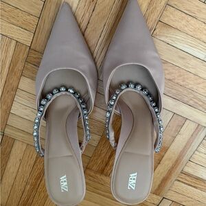 ZARA Blush Nude Pointed Slingback Mules with Crystal Strap